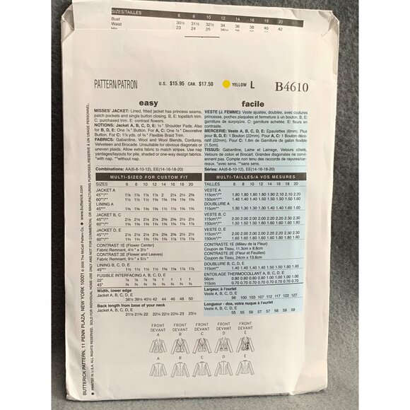 Butterick B4610 Misses Lined Jacket Sewing Pattern Sizes 6-12 - uncut - Picture 2 of 2